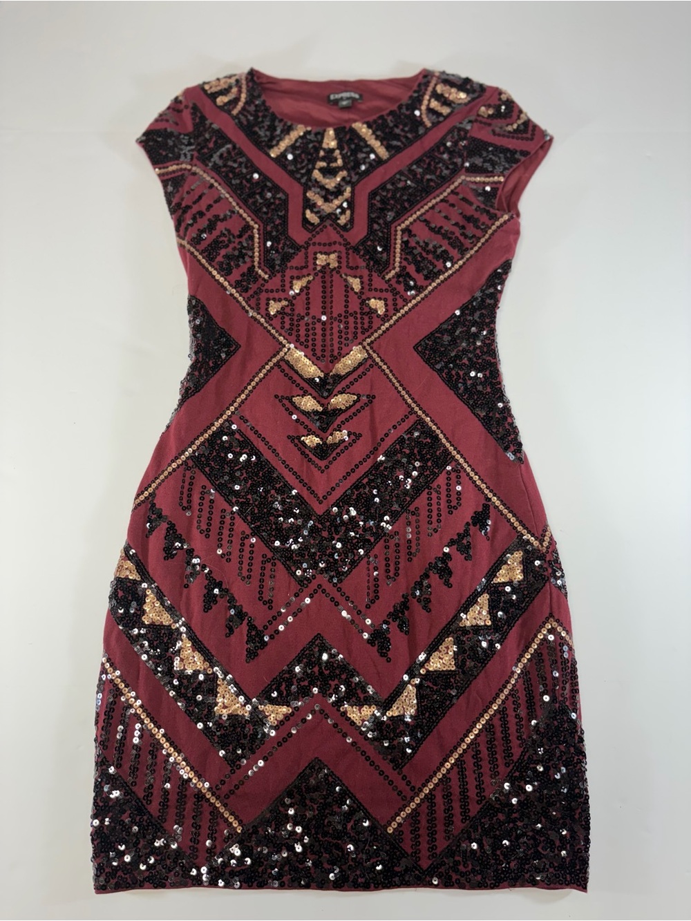 Express Art Deco Burgundy & Gold Sequin Cap Sleeve Sheath Mini Dress Size S/P